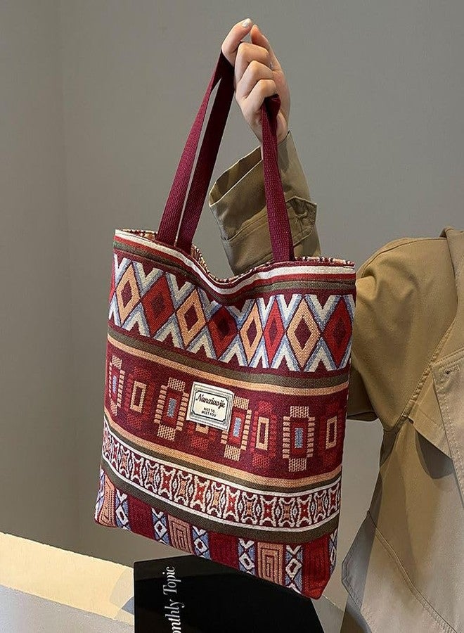 Gowloz Bohemian Chic Canvas Tote Bag - Ethnic Geometric Print, Burgundy Multi-Color, Spacious Shoulder Handbag for Work, Travel & Everyday Use - Image 2